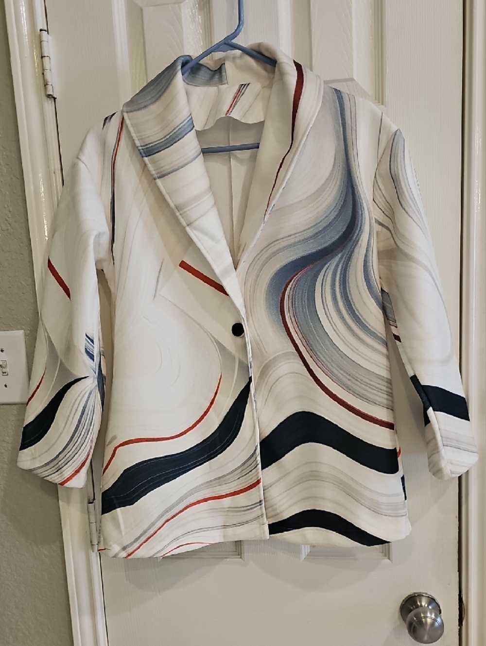 New White Swirl Abstract Print Open Blazer with Blue & Black Accents Small - Picture 8 of 11